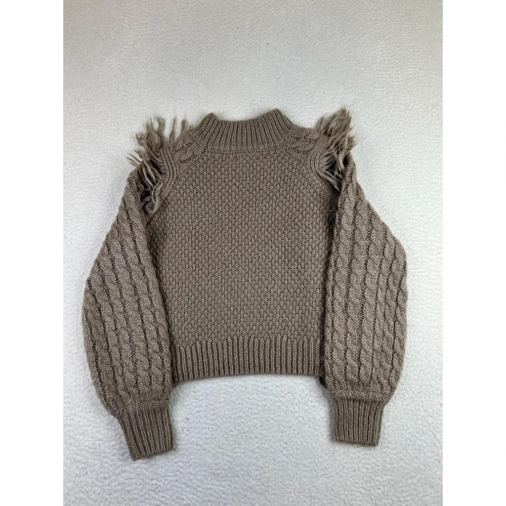 Altar'd State Fringe Cable‎ Knit Sweater Womens Small Brown Balloon Sleeve